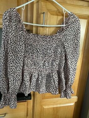 Who What Wear Pink Smocked Off-Shoulder Leaf Print Blouse